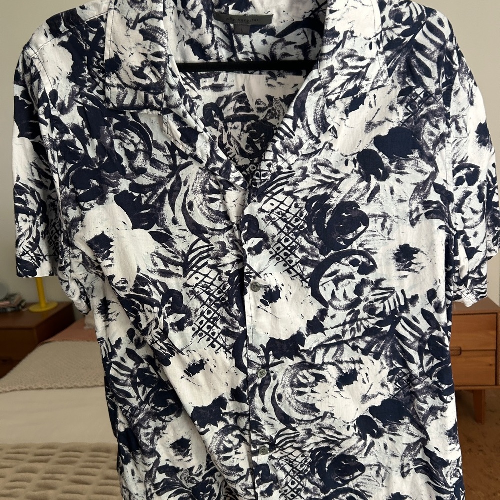 John Varvatos White/Black/Navy Blue Casual Button Down Shirt